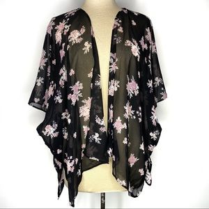 Boho Black Pink Floral Short Sleeve Kimono Coverup
